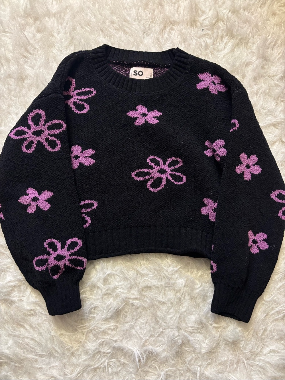 SO Black Crewneck Sweater with Lilac Floral Jacquard
